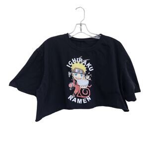 Naruto Shippuden Anime Ramen Graphic Print Cropped Tee Shirt Top Black Size XL